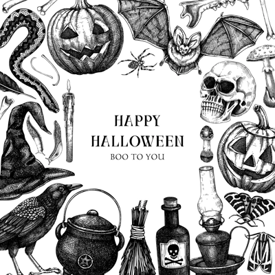 Vintage Halloween frame design. Hand drawn vector illustration. Skull, bones, pumpkin, poisonous mushrooms, snakes, raven sketches. Halloween party invitation, banner, card template